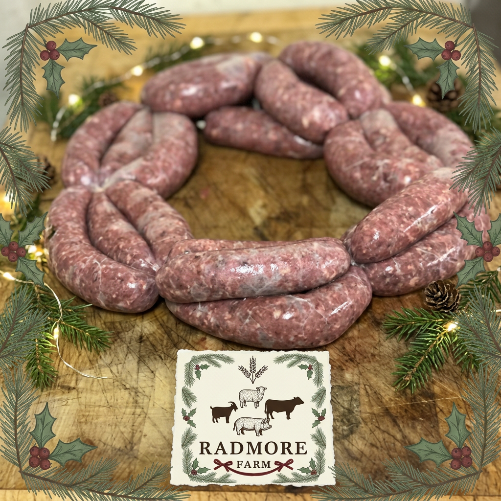 Radmore thick sausages on a wooden board with Christmas surroundings and Radmore branding