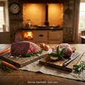 Illustrative farmhouse scene based on Radmore Farm joint photos. Cuts vary; not the complete taster box.