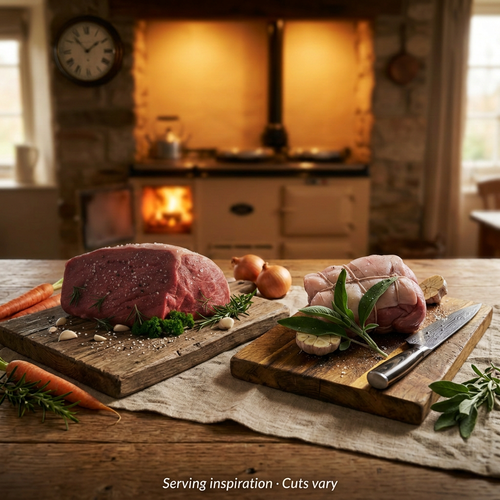 Illustrative farmhouse scene based on Radmore Farm joint photos. Cuts vary; not the complete taster box.