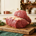 Beef topside joints with a lighter fresh-red colour in a festive farmhouse setting