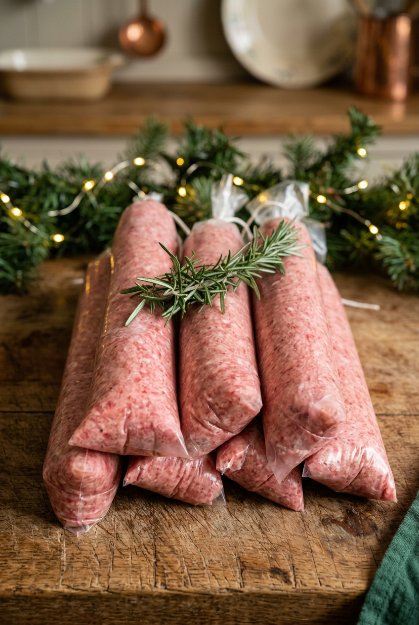 Sausage meat with a festive farmhouse background