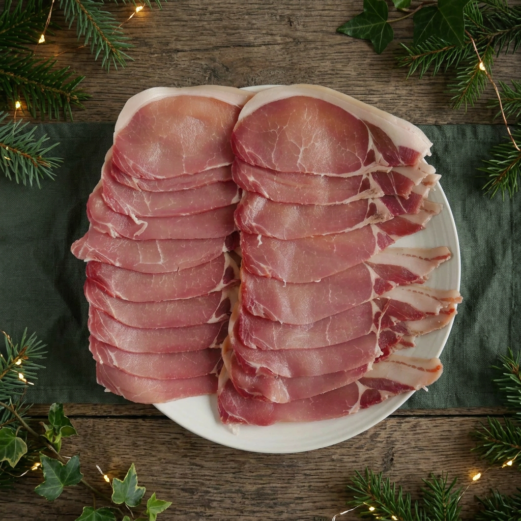 Smoked back bacon in a festive farmhouse setting