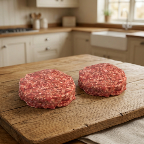 Two beef burgers directly on a farmhouse wooden board, without trays